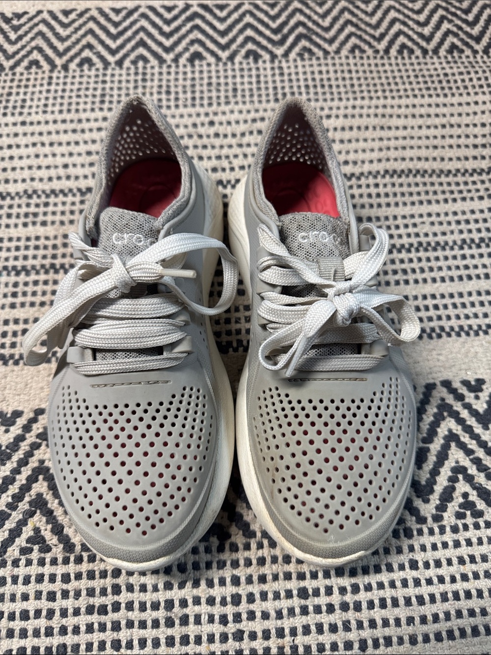 CROCS Women’s LiteRide Lace-Up Sneakers — Light Gray with Pink Lining
